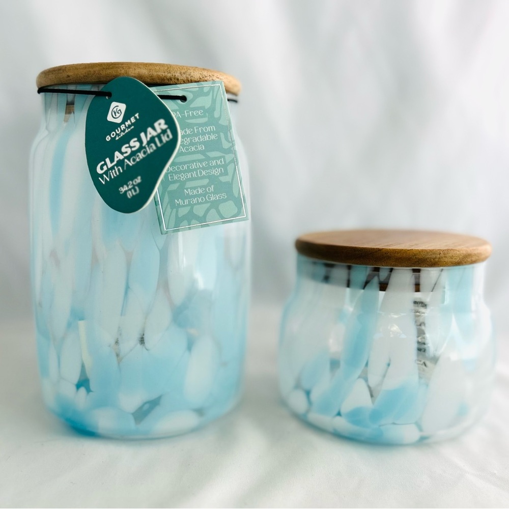 NWT Set Of 2 Gourmet Kitchen Murano Glass Jars With Bamboo Lids LT Blue~White